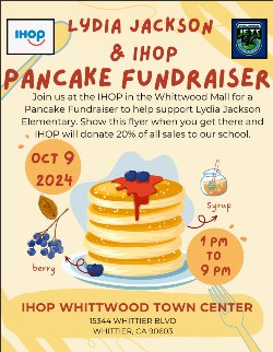 IHOP Pancake Fundraiser flyer for Lydia Jackson Elementary scheduled for Wed. Oct 9 from 1pm to 9pm